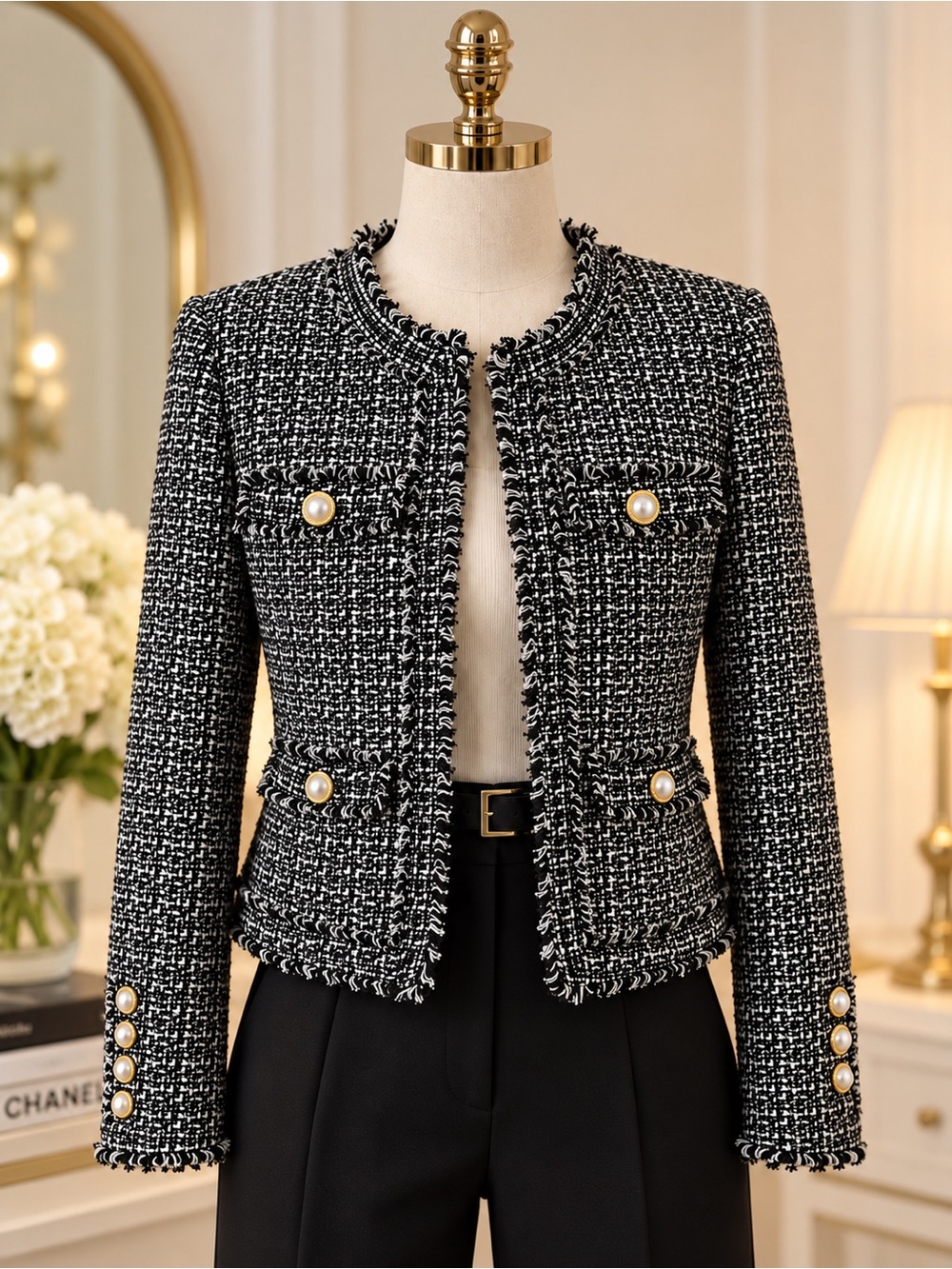 NWT Nanette Lepore Black & White Bouclé Tweed Jacket Pearl Buttons Size 12